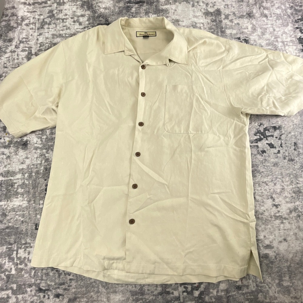 Tommy Bahama Mens L Silk‎ Camp Shirt Cream Patriotic Beach Umbrella Embroidered